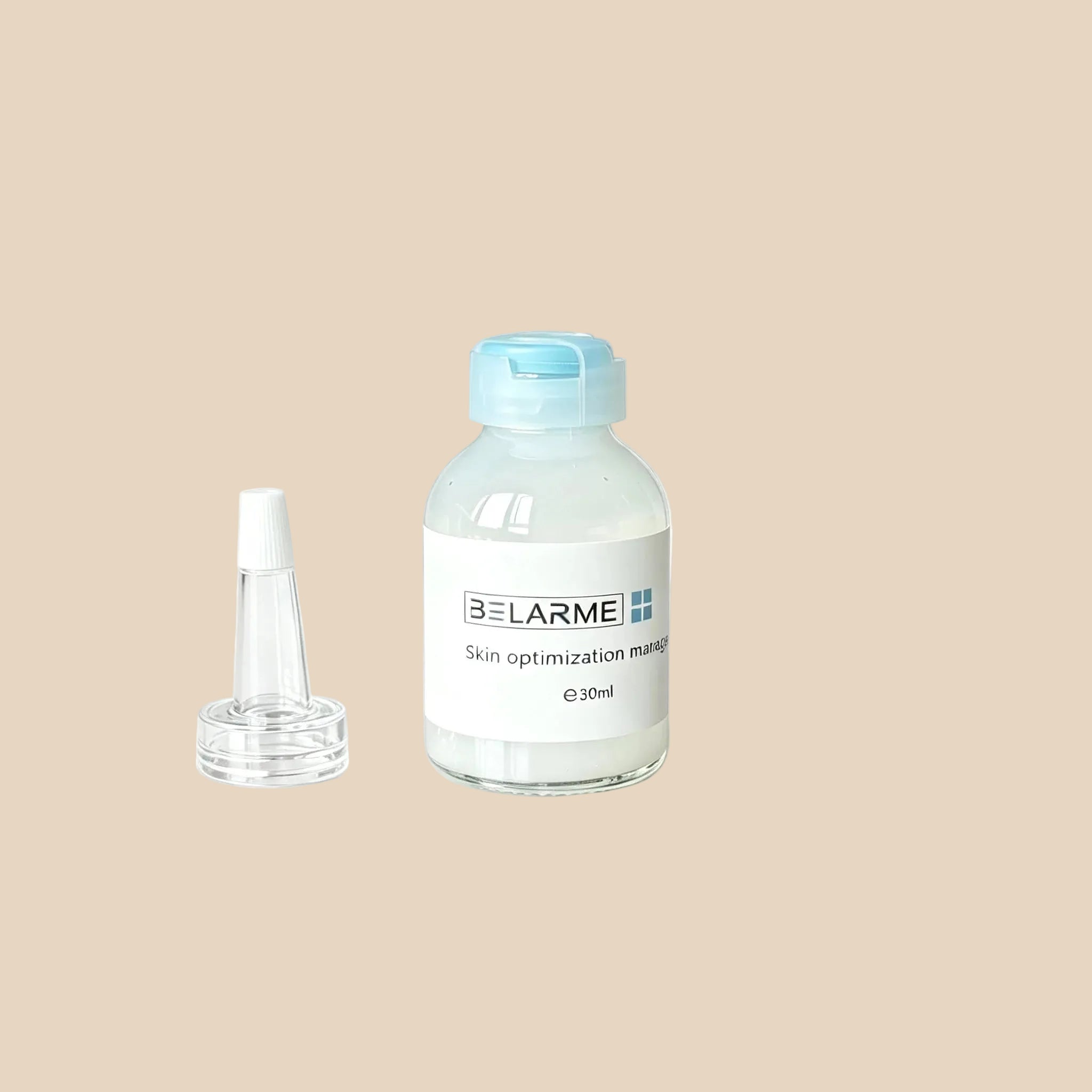 BELARME Skin optimization treatment in a 30ml glass bottle with a light blue cap, shown next to its clear plastic applicator tip on a white background.