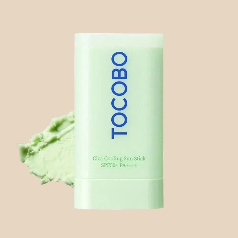 Tocopbo Cica Cooling Sun Stick with green color and visible brand name on a white background