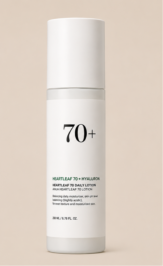Four Anua skincare bottles and tubes arranged on a warm beige background: a cleansing oil bottle with a pump, a green cleansing foam tube, a clear bottle labeled 77+ with white cap, and a white bottle labeled 70+ with white cap.